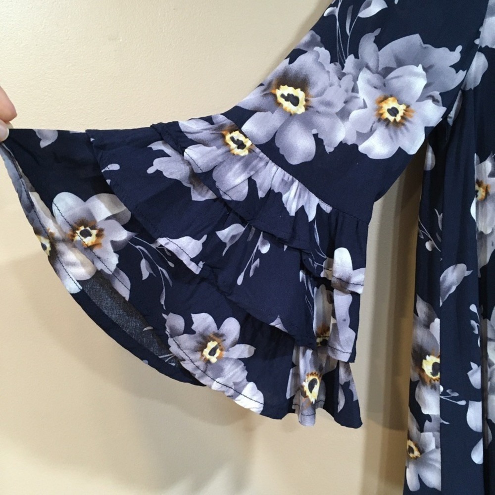 Jodifl Dark Floral Bell Sleeve Mini Dress Womens S Navy Whimsigoth Cottage Boho - Picture 3 of 11